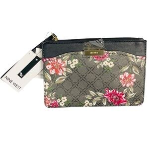 Nine West Canbury SLG Black With Floral Patterns Zippered Wristlet Bag NWT